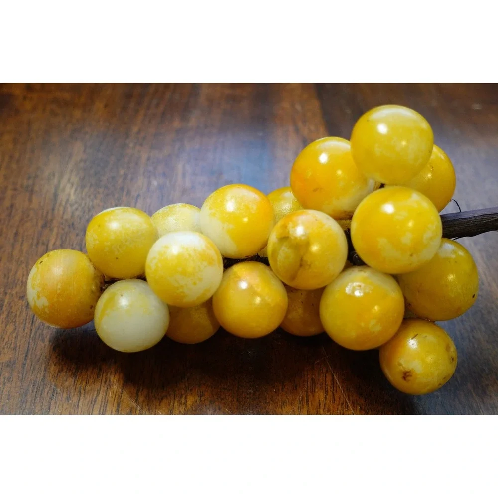 Vintage Yellow Alabaster Stone Grape Cluster Wood Stem Mid Century Modern Decor